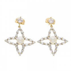 KOLCZYKI POZŁACANE 34/25 MM BRYLANTOWA LILIA Z PEREŁKĄ XUPING 86245