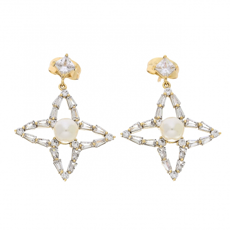 KOLCZYKI POZŁACANE 34/25 MM BRYLANTOWA LILIA Z PEREŁKĄ XUPING 86245