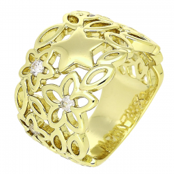 14K PIERŚCIONEK POZŁACANY 14 MM KWIECISTY AŻUR Z BRYLANTAMI XUPING 87304