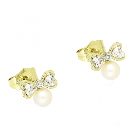 14K KOLCZYKI POZŁACANE 9/10 MM PERŁA Z BRYLANTOWĄ KOKARDĄ XUPING 88678
