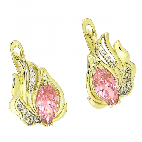 14K KOLCZYKI POZŁACANE 16/13 MM ELEGANCKIE Z RÓŻOWYM BRYLANTEM XUPING 91207