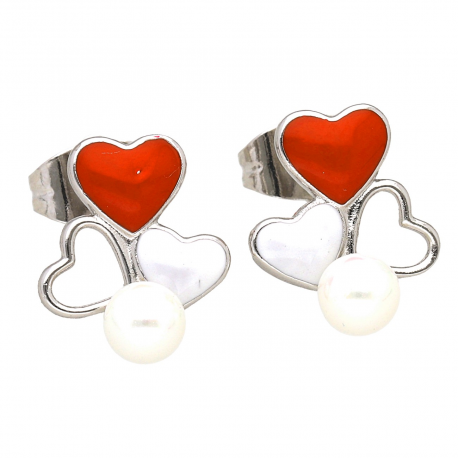 KOLCZYKI RODOWANE 14/11 MM SERCA Z PERŁĄ XUPING 44811