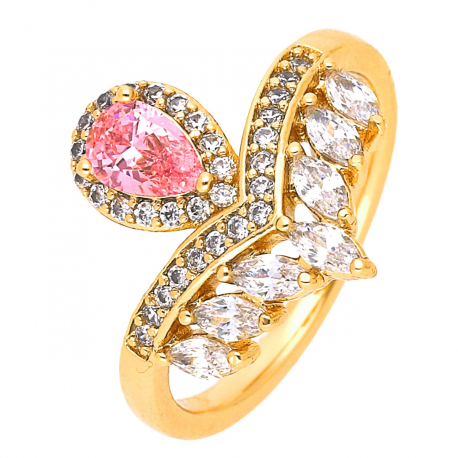 PIERŚCIONEK POZŁACANY 16 MM RÓŻOWY BRYLANT W KORONIE XUPING 52608