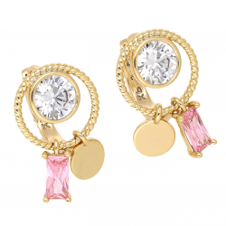 KOLCZYKI POZŁACANE 18/12 MM BRYLANT MONETKA I RÓŻOWY BRYLANT XUPING 67963