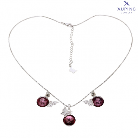 NASZYJNIK PLATYNOWANY 38+6 CM Z KOLCZYKAMI 18/11 MM FUCHSIA CRYSTAL XUPING 74323