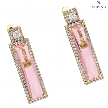 KOLCZYKI POZŁACANE 28/7 MM RÓŻOWY BRYLANT BAGIETKA XUPING 75842