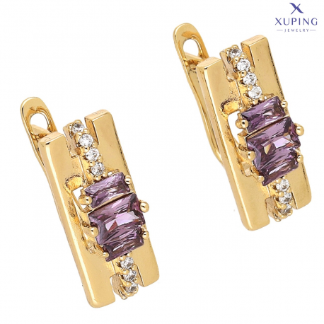 KOLCZYKI POZŁACANE 18/7 MM AMETYSTOWE BAGIETKI XUPING 75941