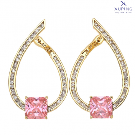 KOLCZYKI POZŁACANE 37/22 MM ŁUKI Z RÓŻOWYM BRYLANTEM XUPING 75964