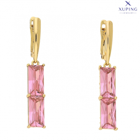 KOLCZYKI POZŁACANE 43/7 MM RÓŻOWE BAGIETKI XUPING 76341